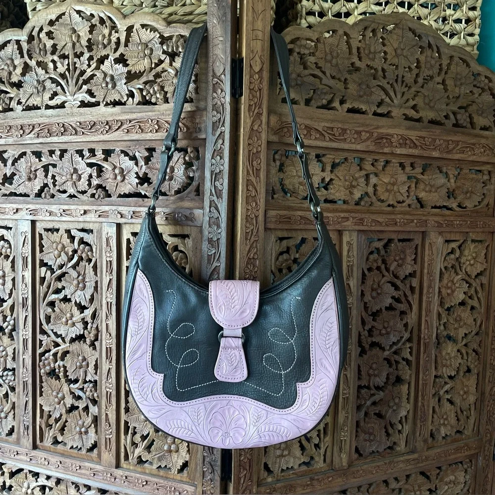 American West vintage tooled Leather Shoulder Bag - Pink and brown Floral - Picture 4 of 8